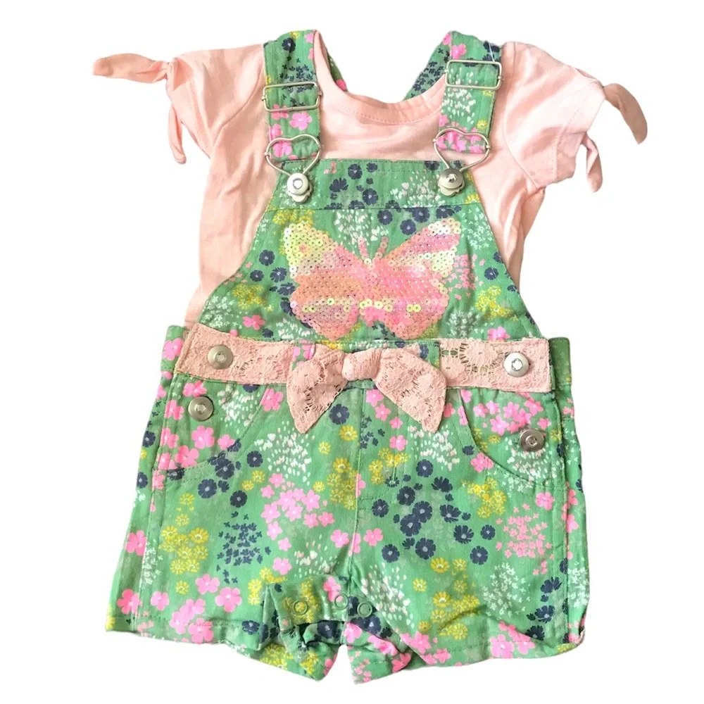 Nannette Kids Olive Shortalls and Pink Tee 12 months